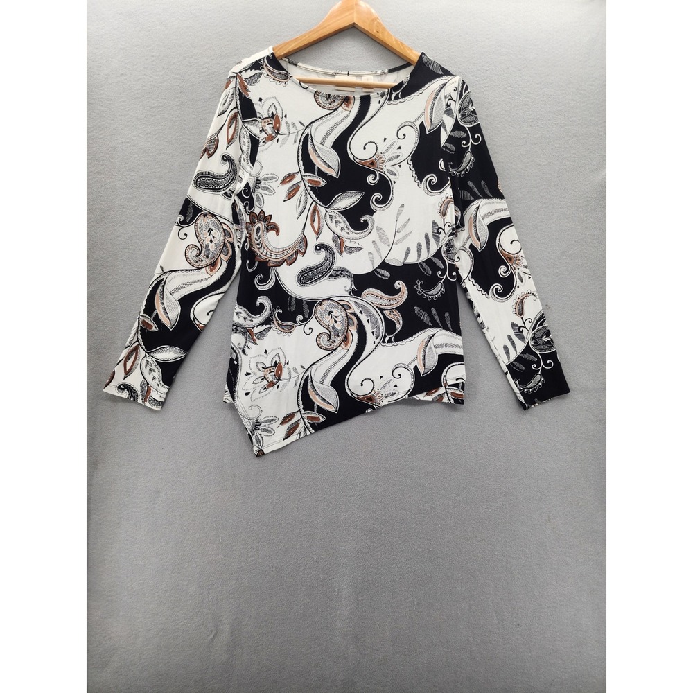 Chico's Womens Black White Paisley Asymmetrical Hem Long Sleeve Top  SZ 1 Medium